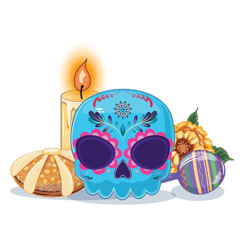 Decorated blue skull with flowers, sugar bread, candle, marigold and maraca for Day of the Dead vector