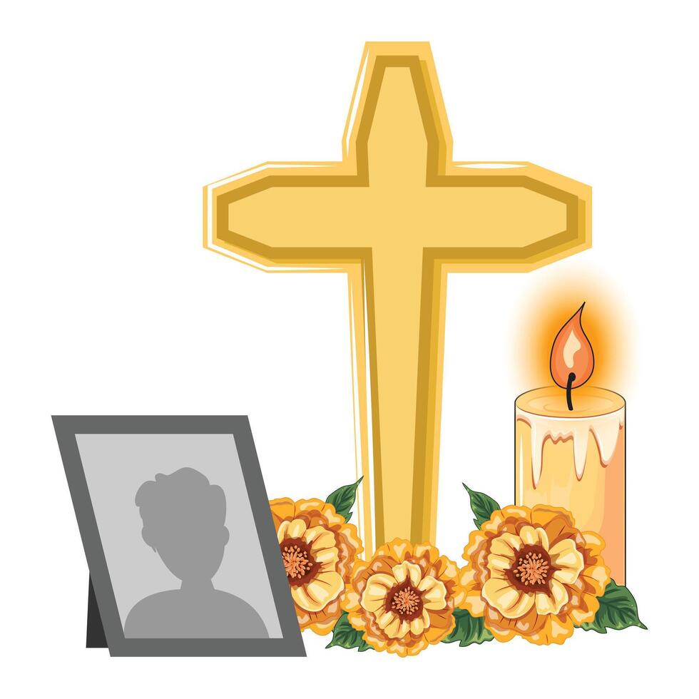 Illustration of a cross with marigold flowers, candle, and framed silhouette, honouring Dia de los Muertos vector