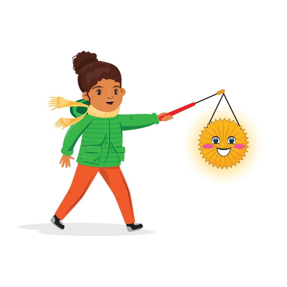Young girl with a lantern shaped like a sun, dressed warmly in green jacket and yellow scarf for Saint Martins Day vector