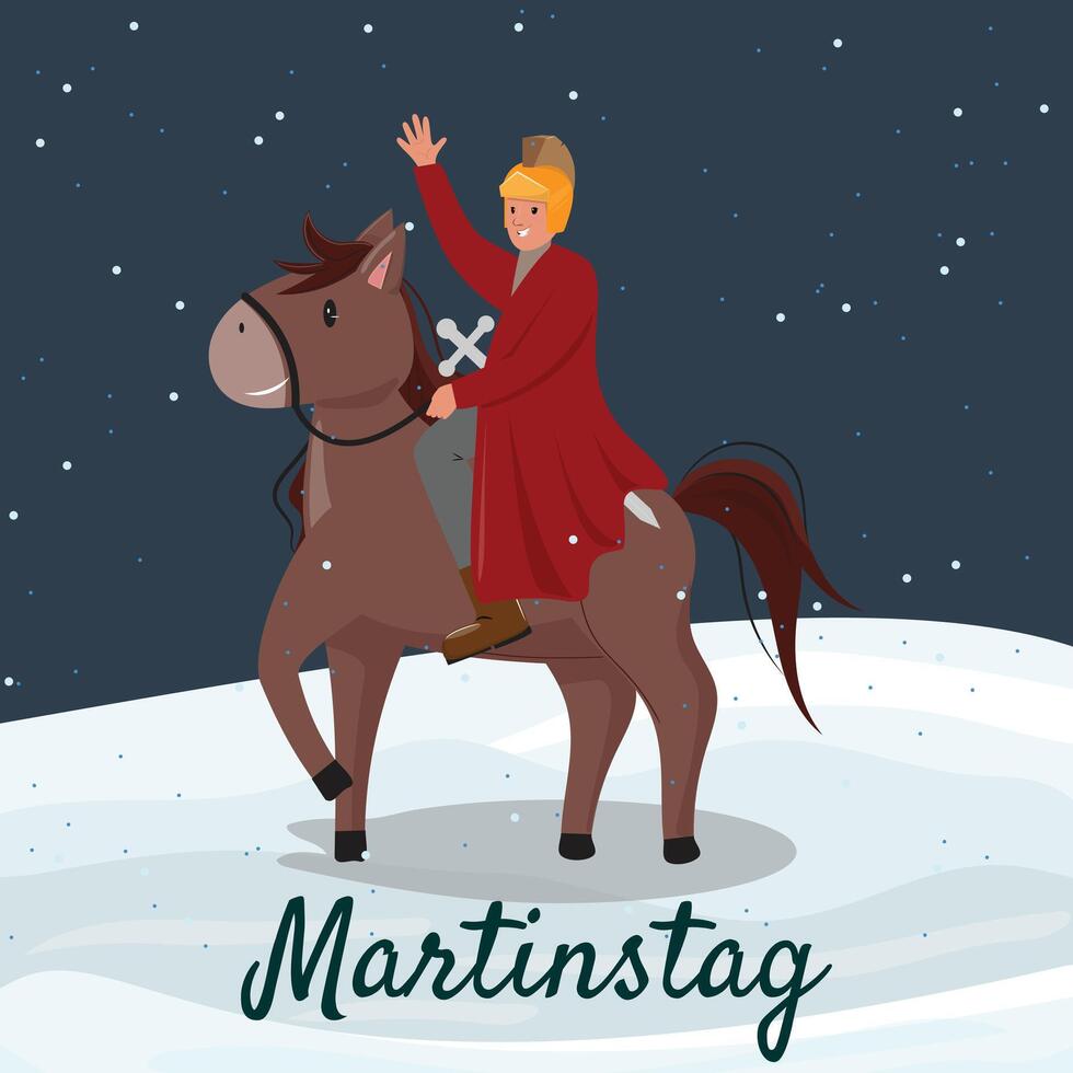 Martinstag scene, man on a horse with sword, symbolizing St. Martins Day, snowy winter setting vector