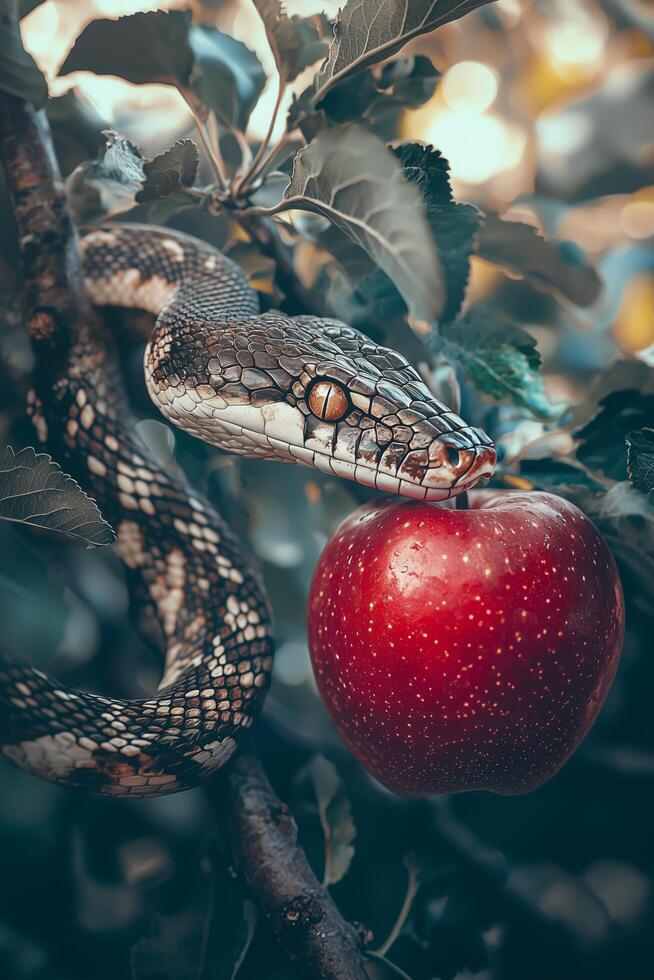 snake tempter red apple concept photo