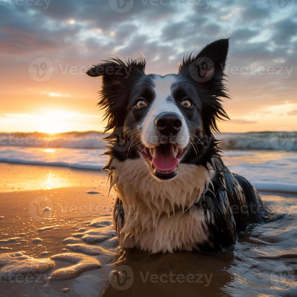A dog is sitting in the water at the beach photo