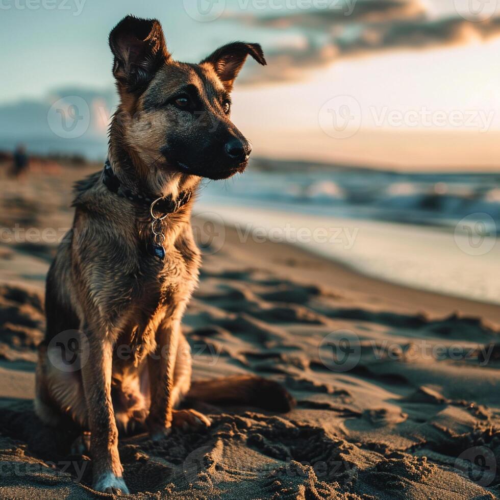 A dog sitting on the beach at sunset photo