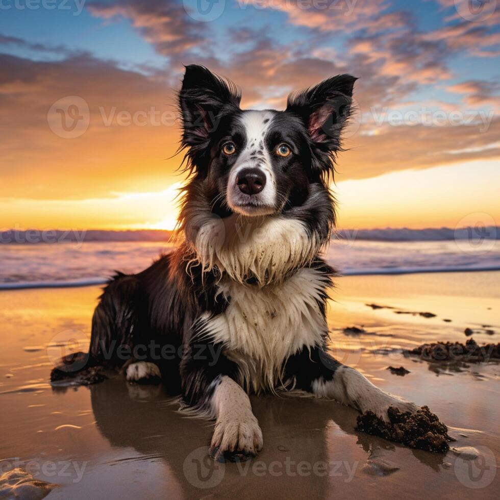 A dog sitting on the beach at sunset photo