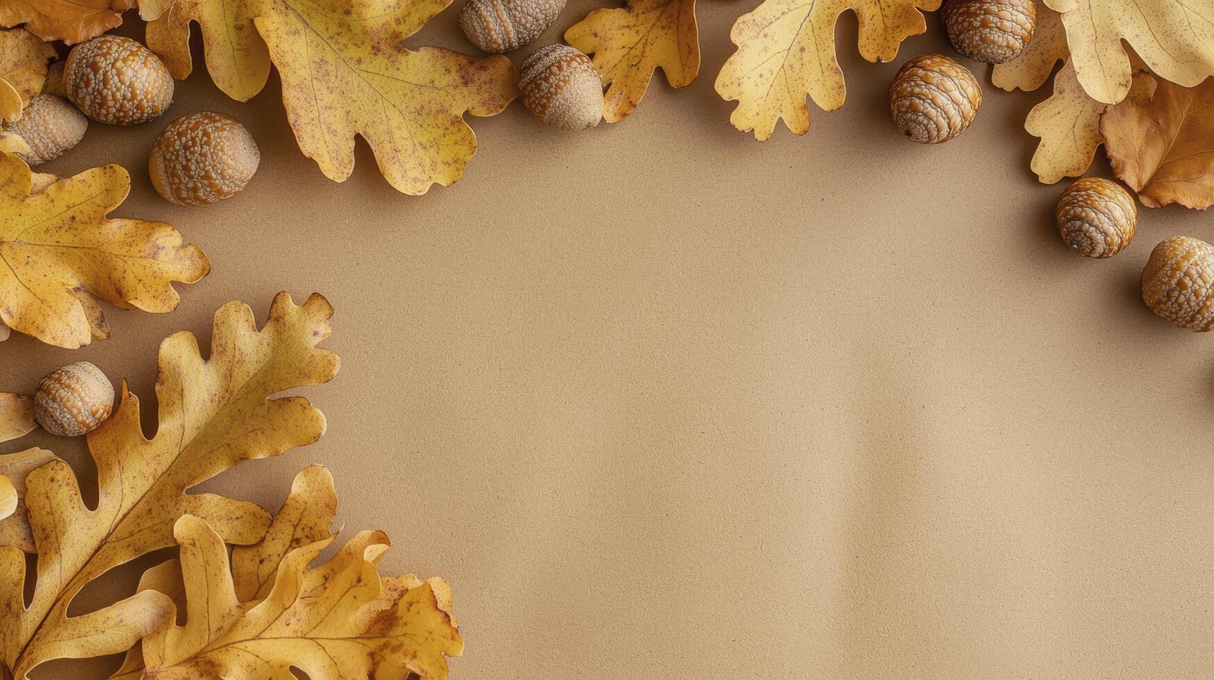 Autumnal background with oak leaves and acorns framing empty space photo