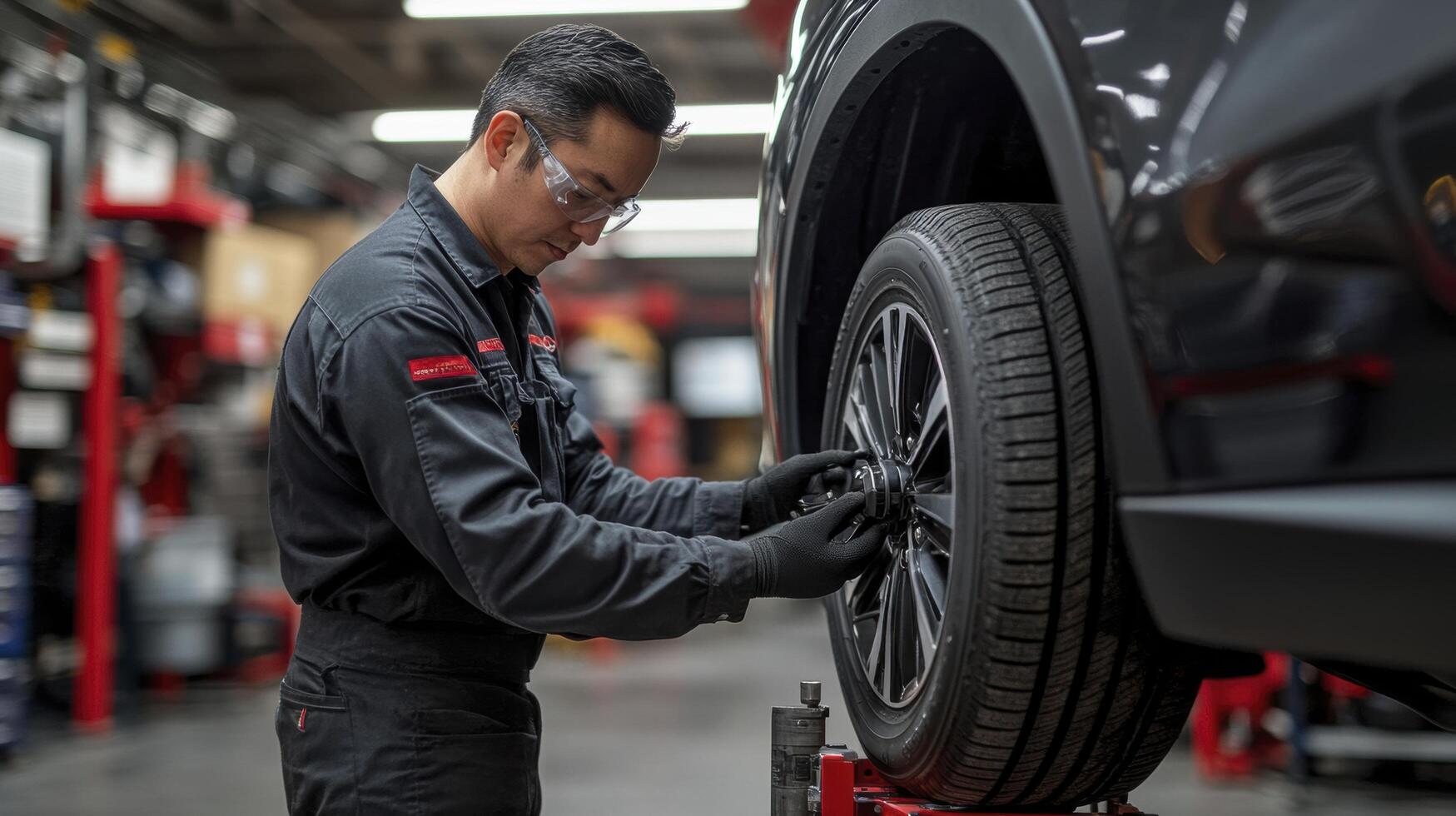 Mechanic adjusting alignment on car wheel in auto repair shop photo