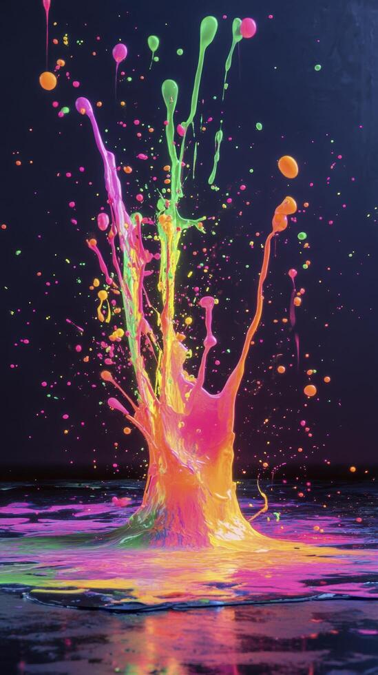 Colorful neon paint splashing on dark surface photo
