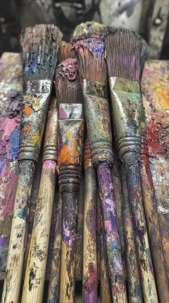 Set of dirty paint brushes covered in colorful paint lying on wood surface photo