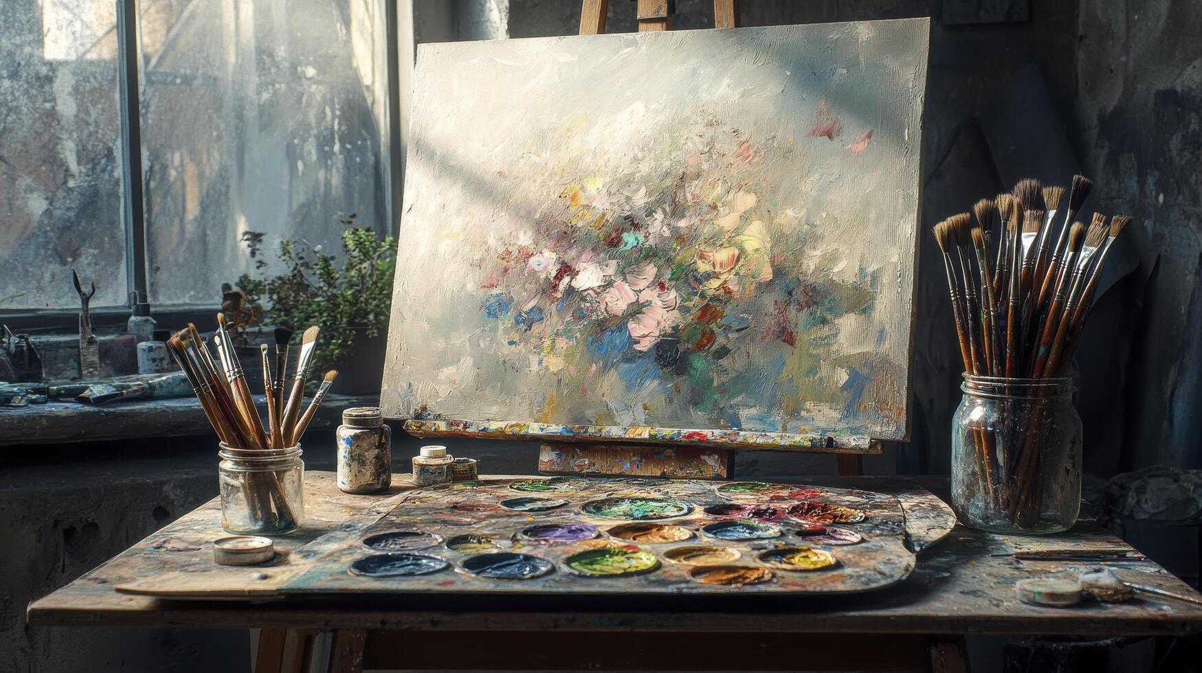 Artist palette covered with colorful oil paints and brushes in an art studio photo