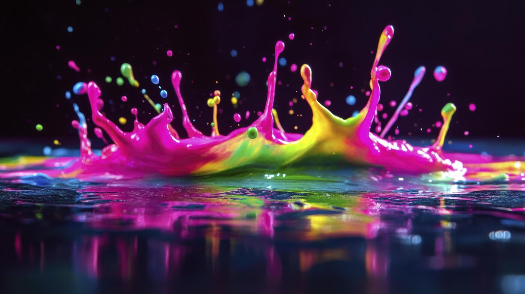 Colorful paint splashing on dark surface creating rainbow reflection photo