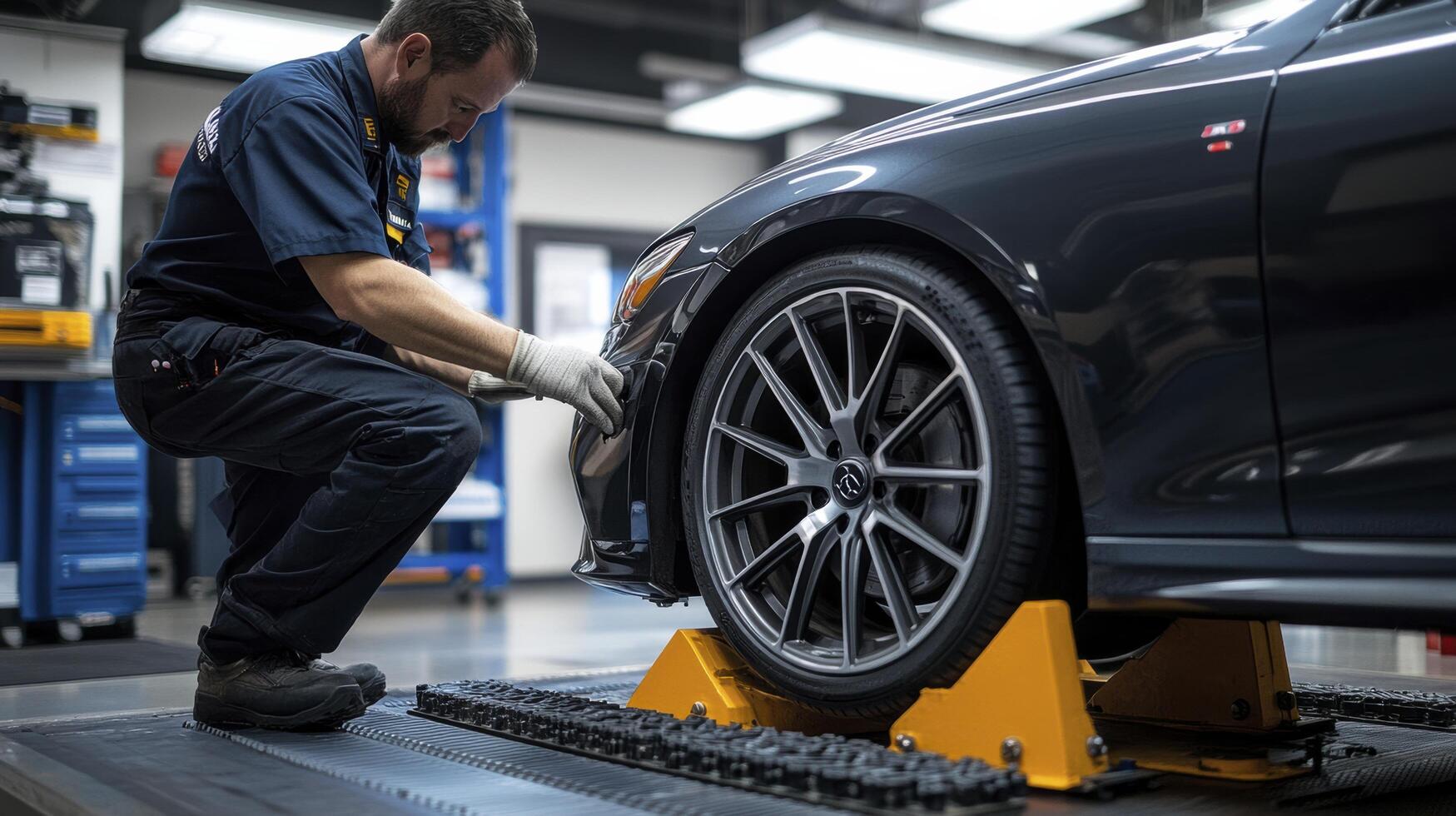 Professional mechanic adjusting alignment of car on platform in auto repair shop photo