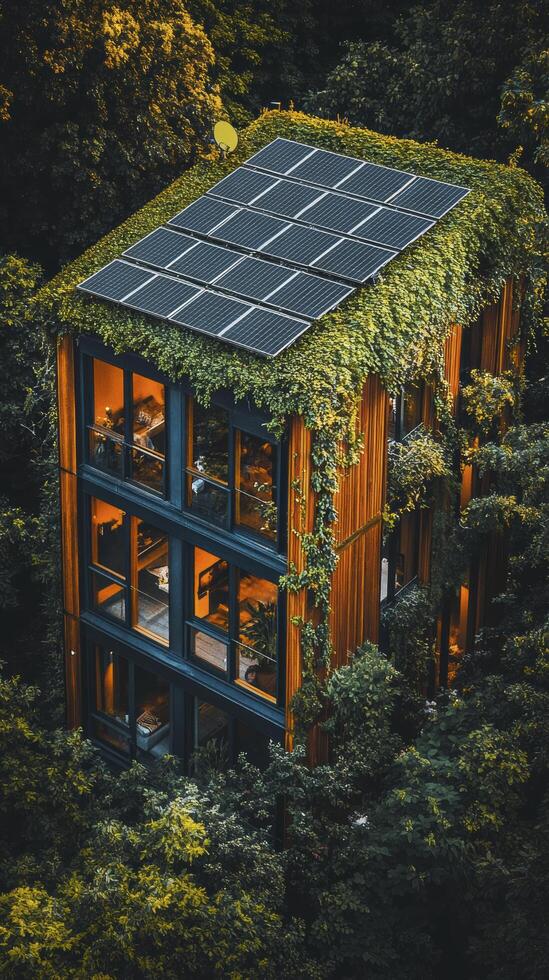 Modern eco friendly home using solar energy in the forest photo