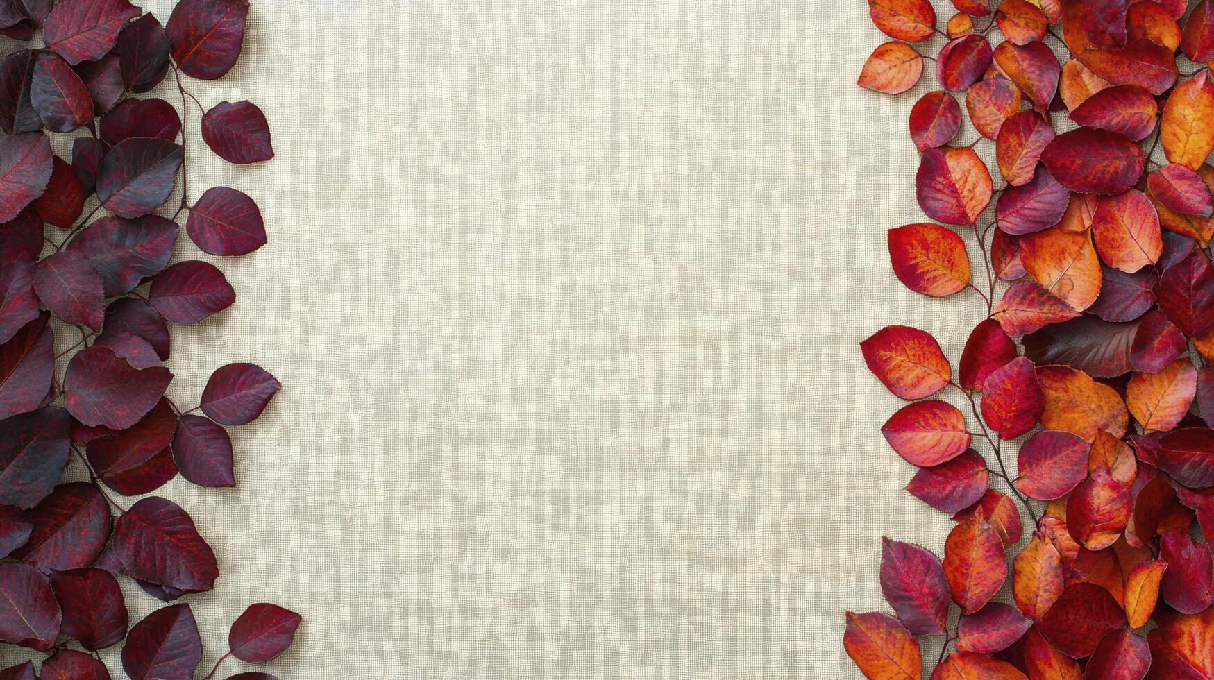 Autumn leaves creating a colorful border on beige linen background photo