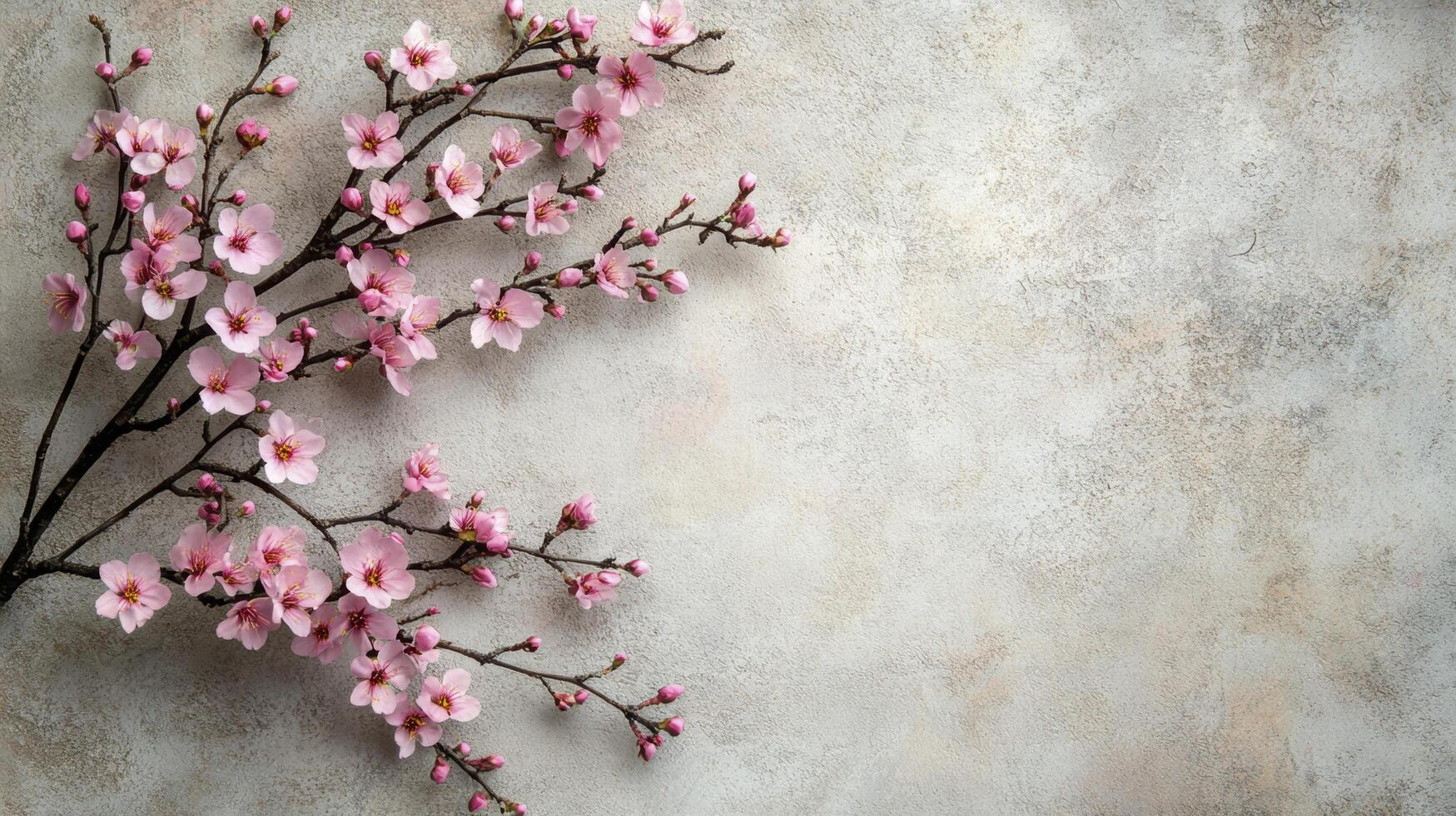 Delicate pink cherry blossoms on rustic background with copy space photo