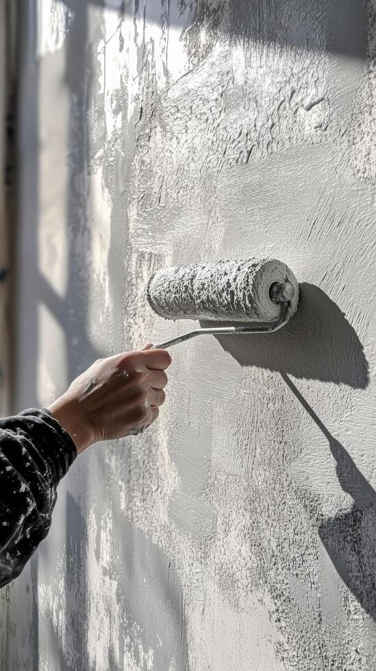 Construction worker painting a wall with gray paint photo