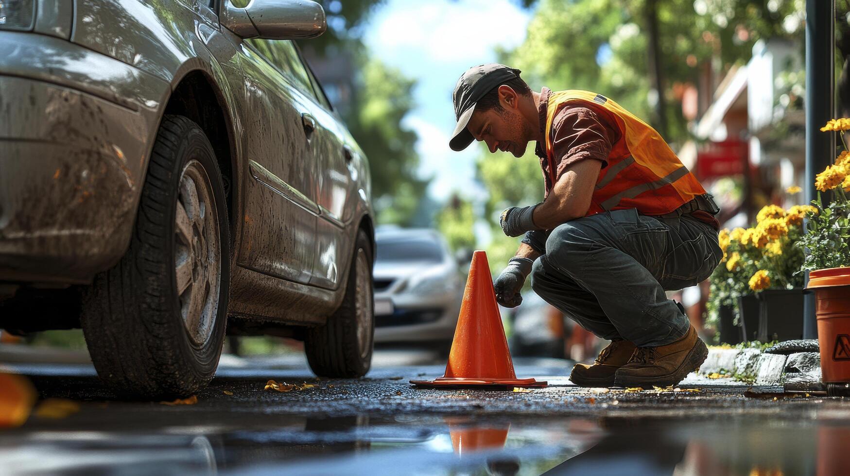Roadside assistance worker placing traffic cone next to broken car photo