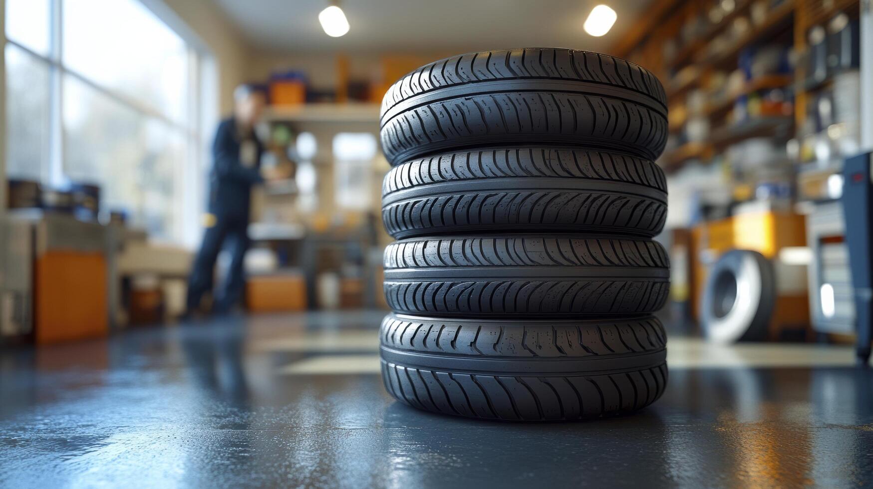Stack of winter tires sitting in auto shop awaiting installation photo