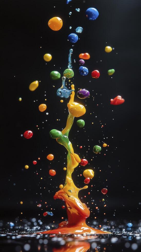 Splashing colorful paint drops on black background photo