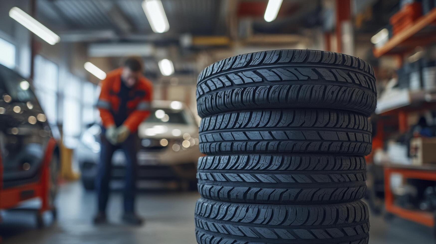 Mechanic changing winter tires in a car repair shop photo