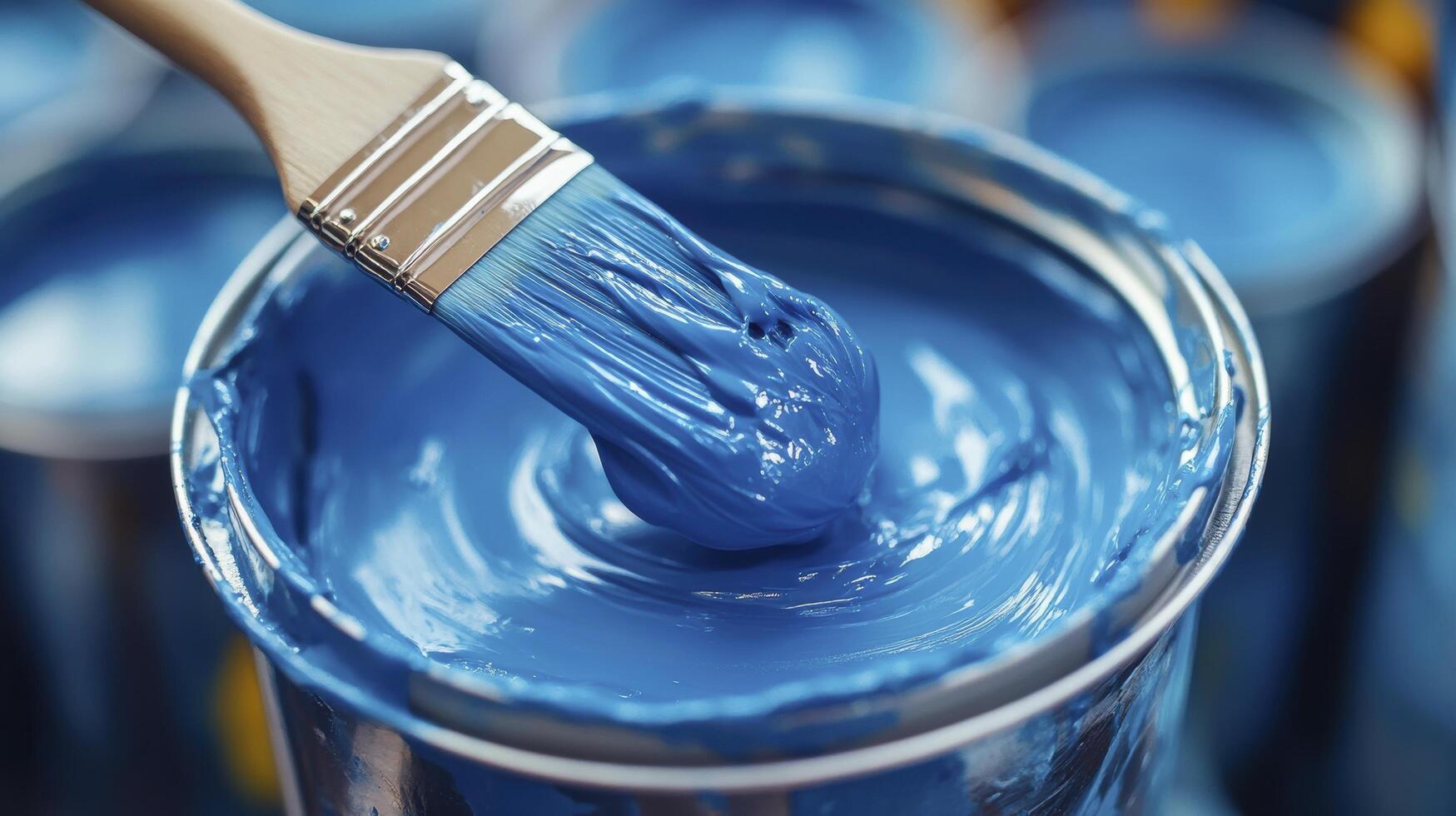 Paintbrush dipping in bright blue paint for home renovation photo