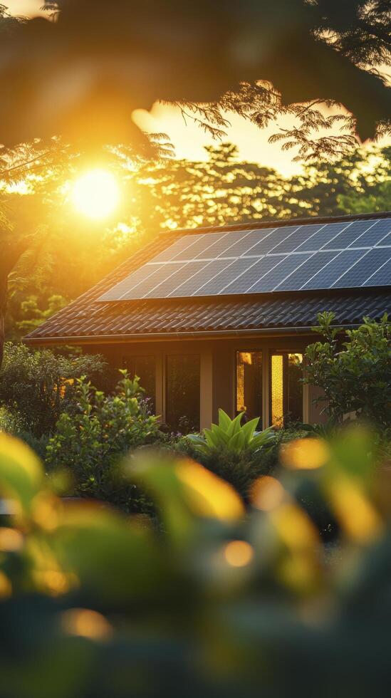 Solar panels generating clean energy on a rooftop at sunset photo