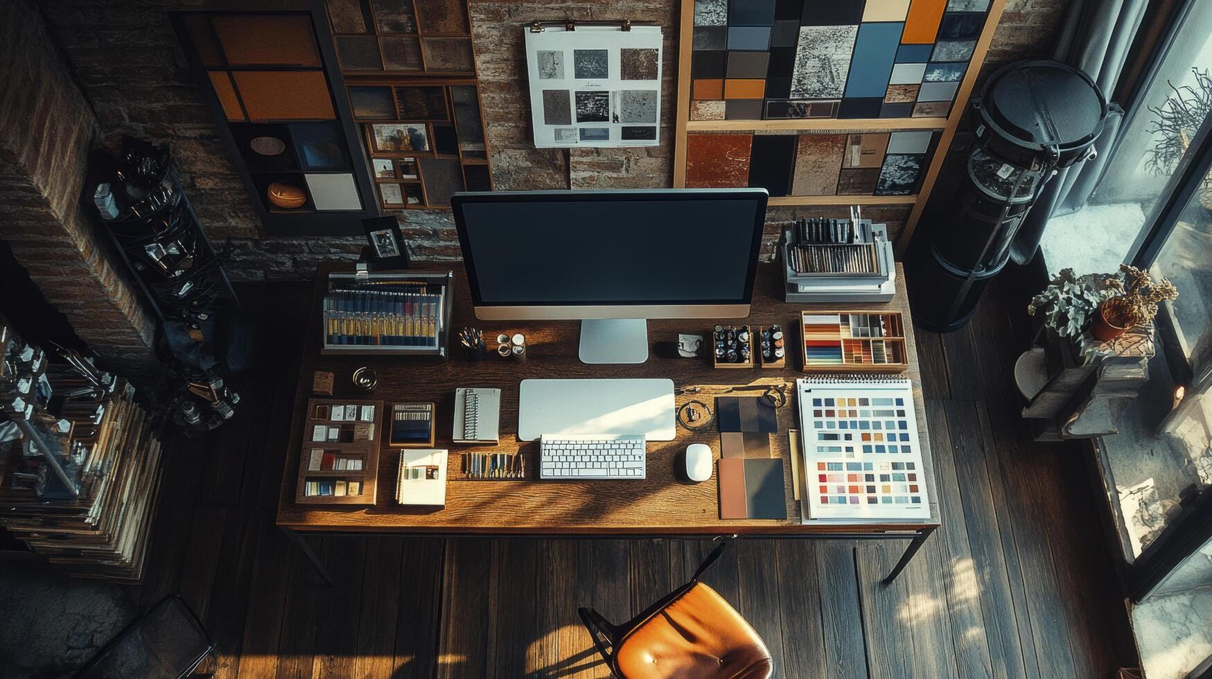 Designer workspace with computer and color swatches from above photo