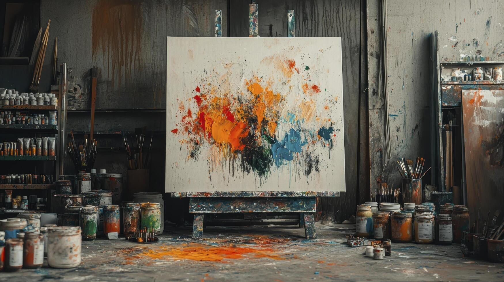 Abstract painting standing on easel surrounded by paint brushes and tubes photo