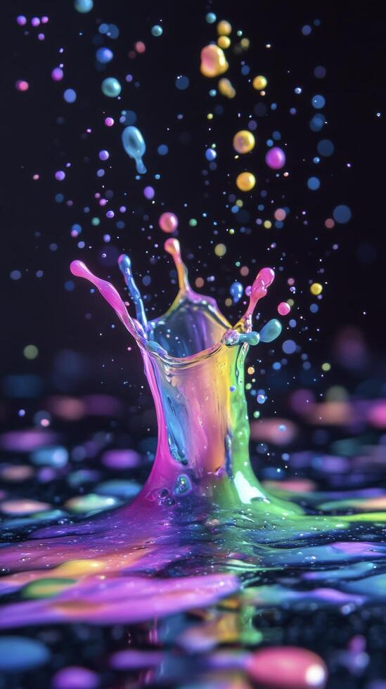 Colorful paint splashing on black surface creating abstract shape photo