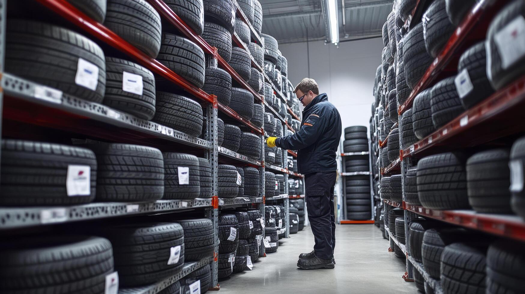 Mechanic checking tires in a tires warehouse photo