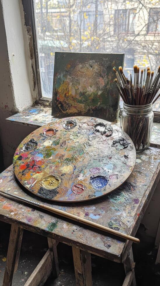 Artist palette resting on wooden table with paint brushes and abstract painting photo
