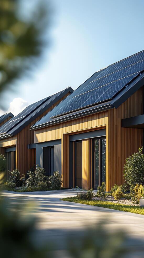 Row of modern wooden houses using solar panels for energy photo