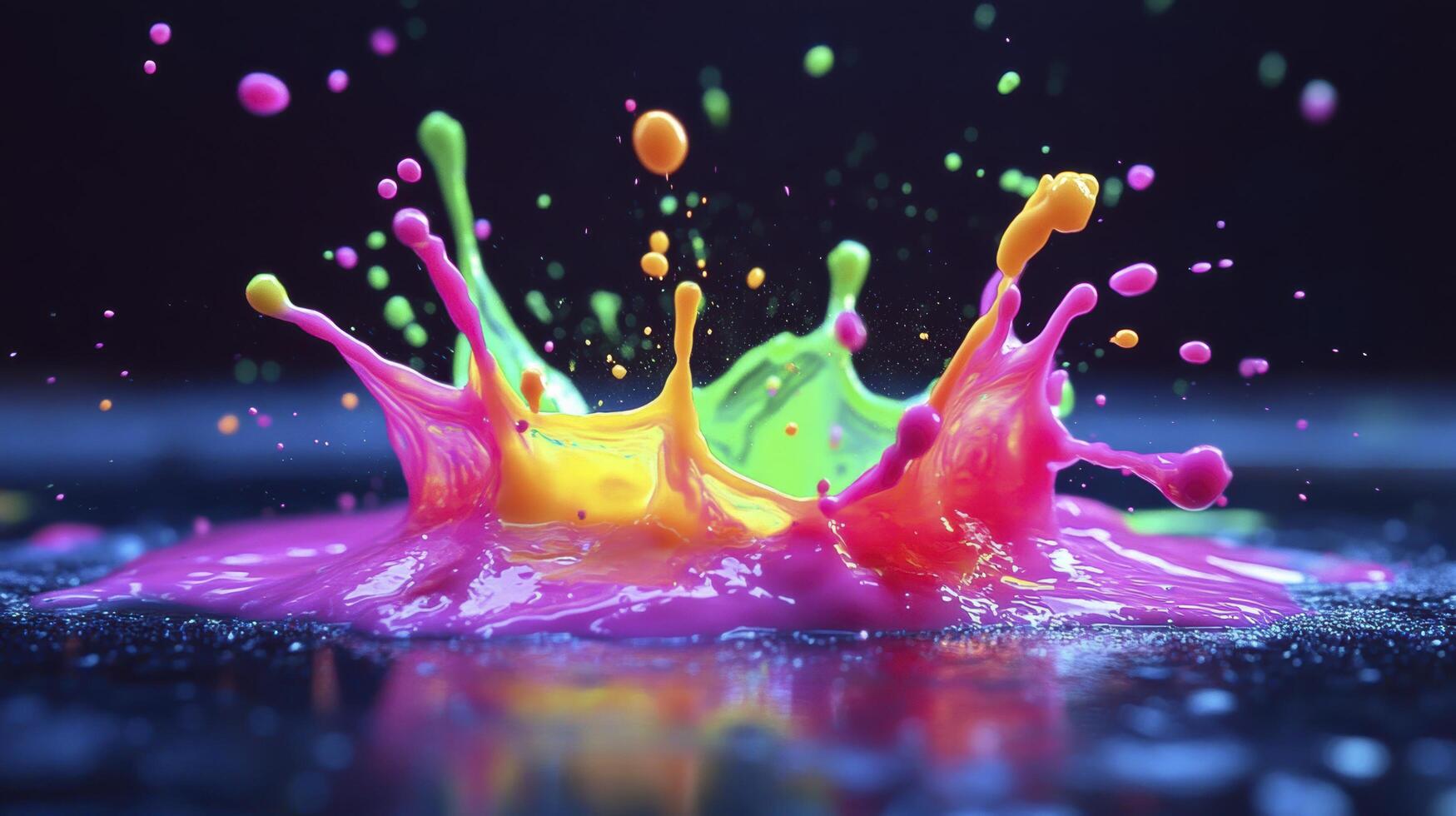 Colorful neon paint splashing on dark surface photo