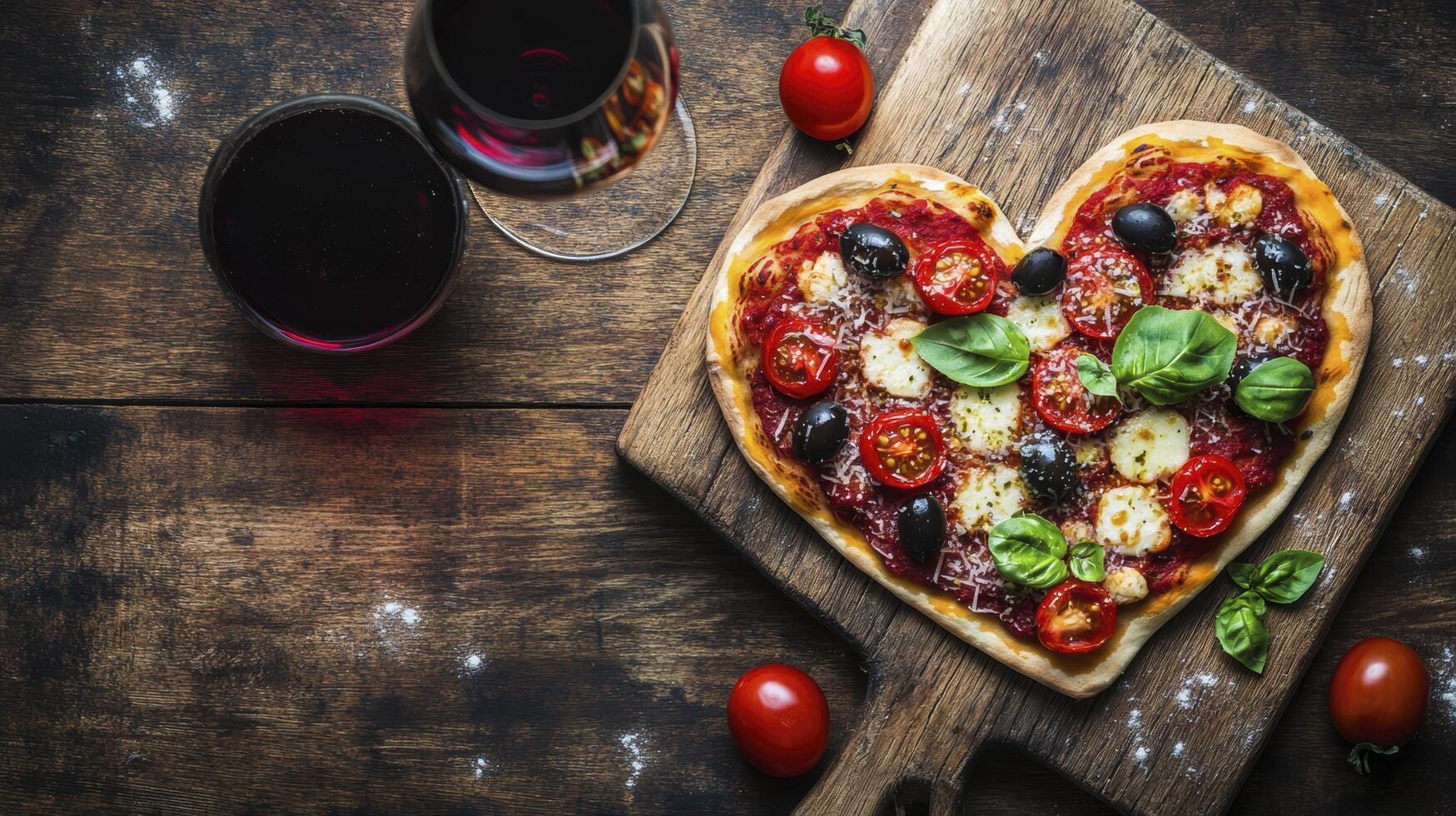Romantic dinner for two is being prepared with a heart shaped pizza and red wine on a rustic wooden table photo