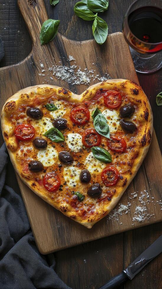 Heart shaped pizza lying on wooden board with wine glass photo