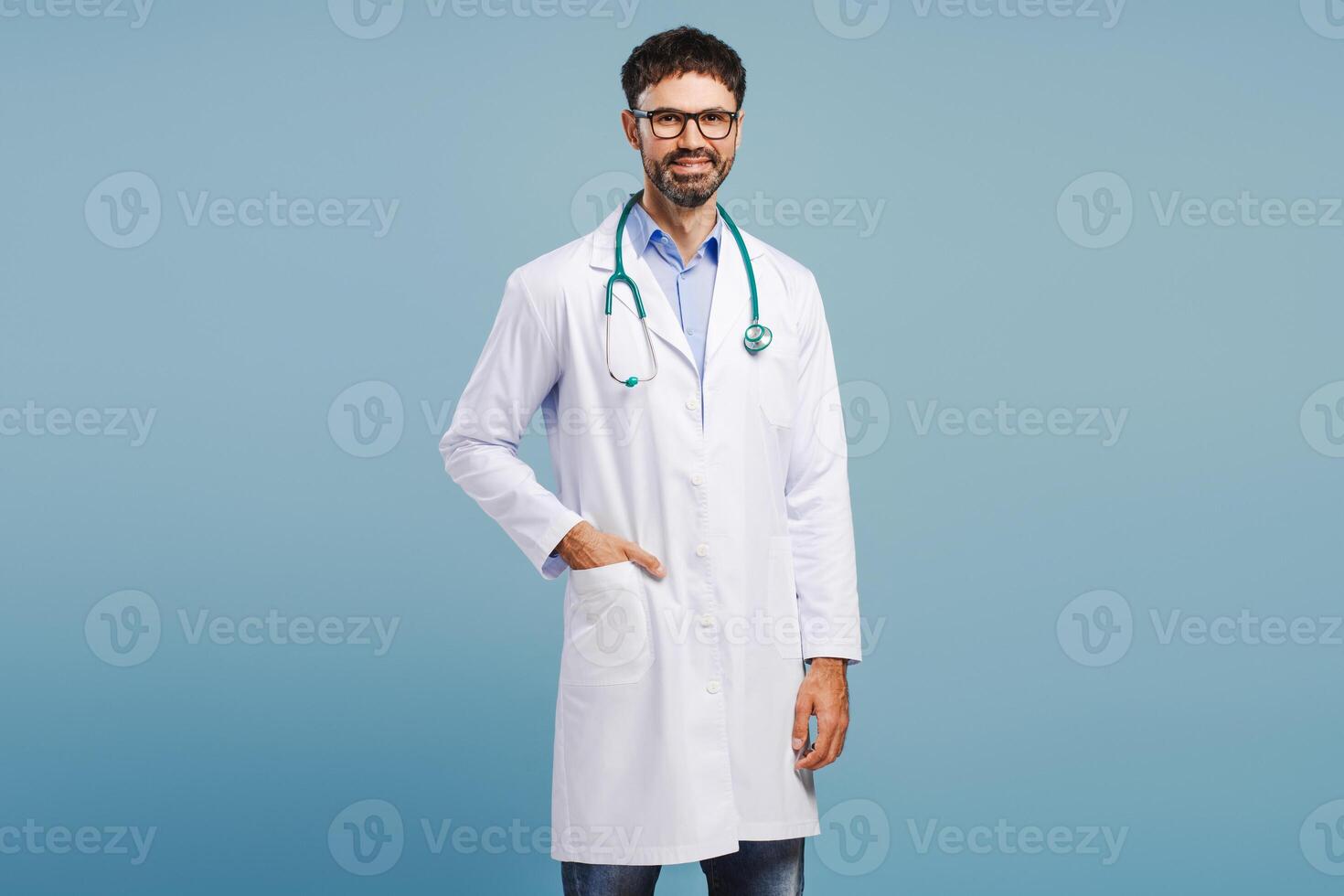 Portrait of smiling, professional doctor Latin man smiling wearing white coat and stylish eyeglasses photo