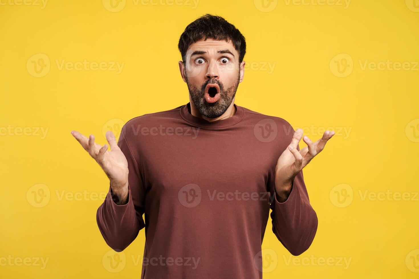 Portrait of excited, shocked bearded man with open mouth looking at camera with open hands photo
