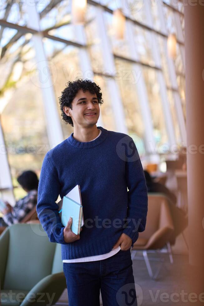 Young male student smiling and holding books in university library photo