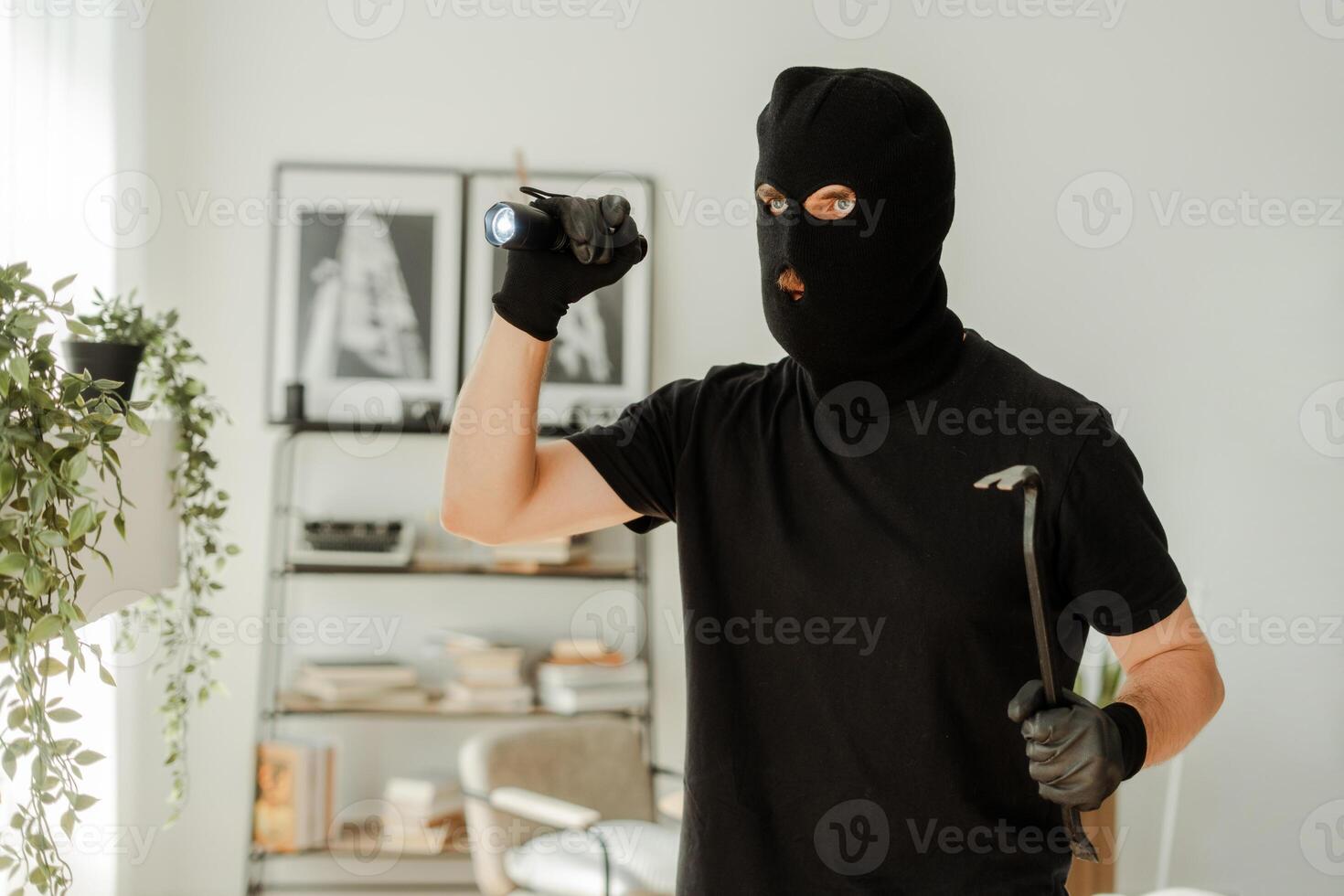 Masked thief holding crowbar and flashlight searching apartment photo