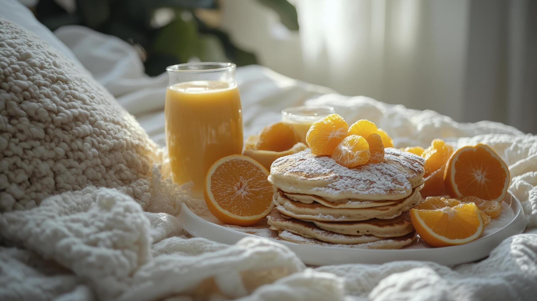 Delicious breakfast with pancakes and orange juice on bed photo