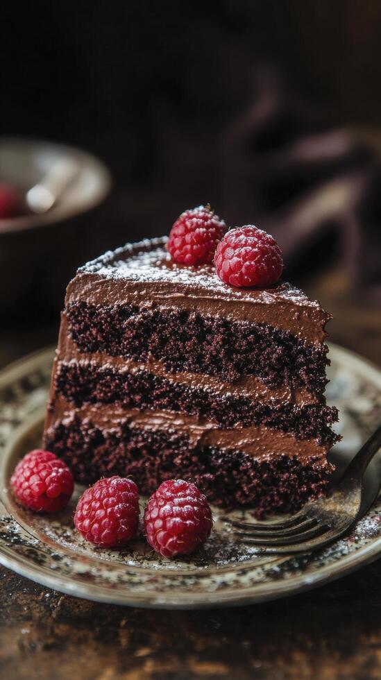Delicious chocolate cake slice with raspberries on a plate photo