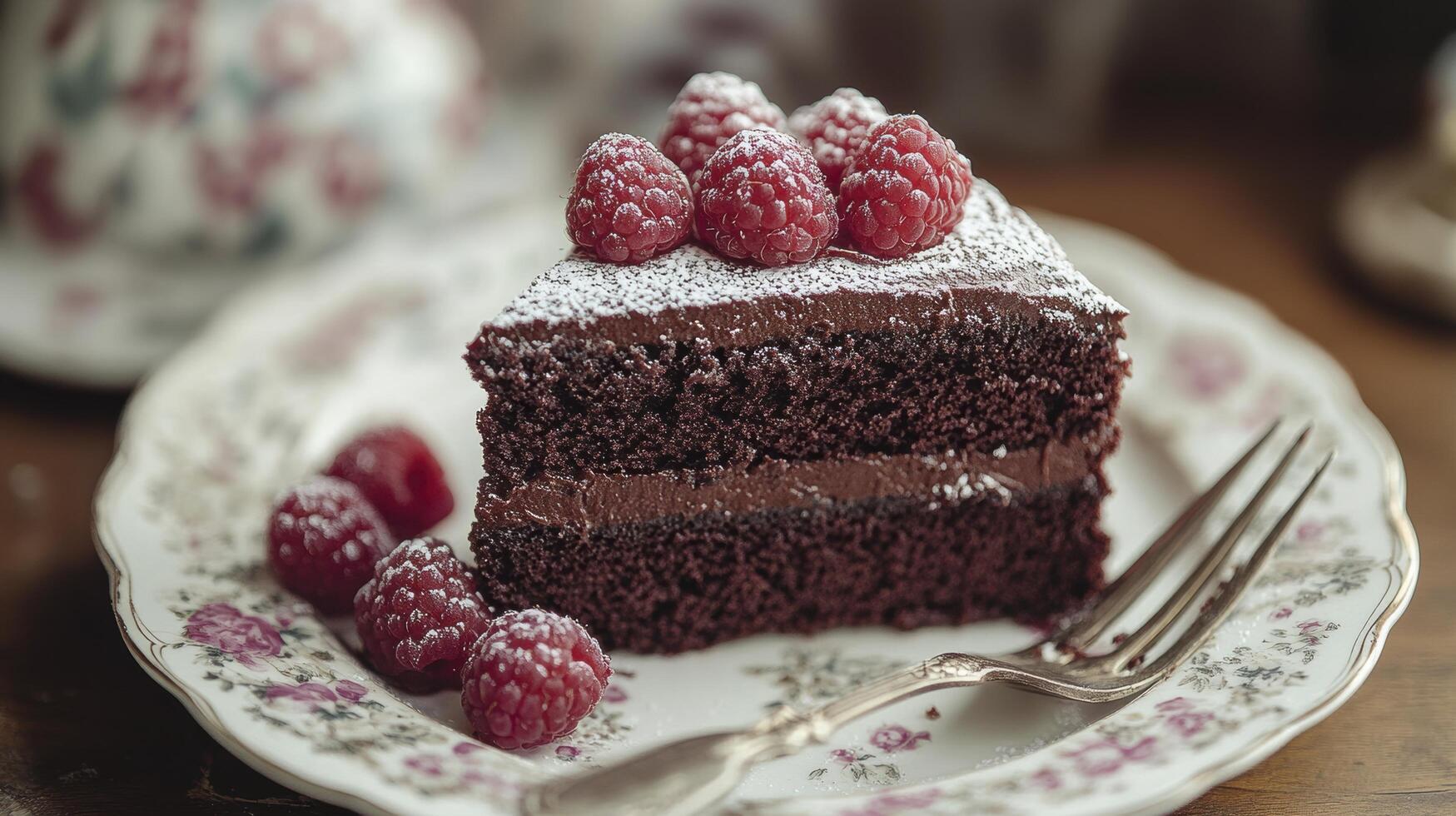 Delicious slice of chocolate cake with raspberries on a plate photo