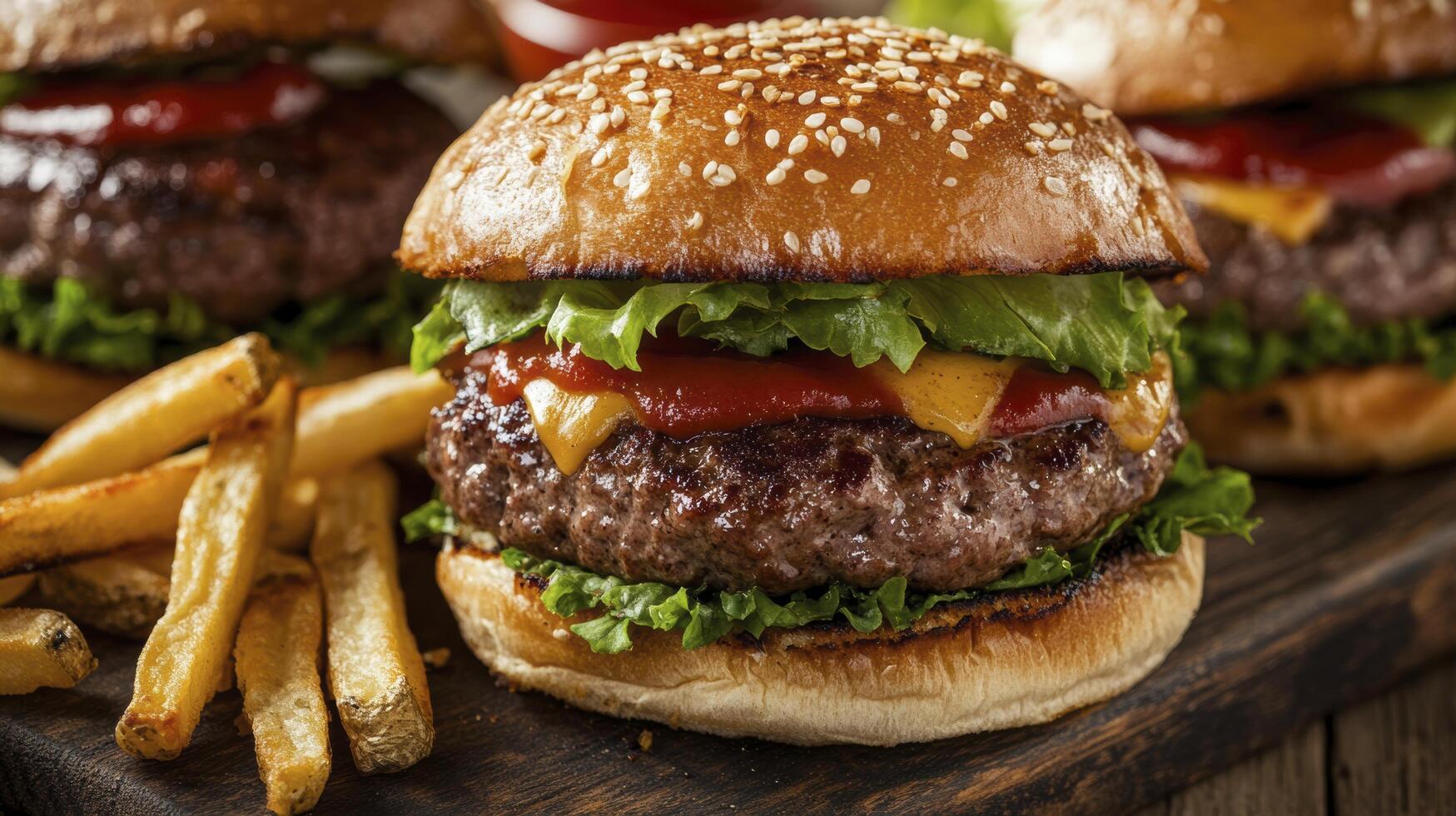 Delicious gourmet cheeseburger with lettuce and french fries on wooden board photo
