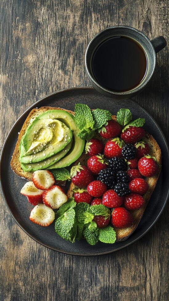 Delicious healthy breakfast featuring toast with avocado and berries accompanied by coffee photo