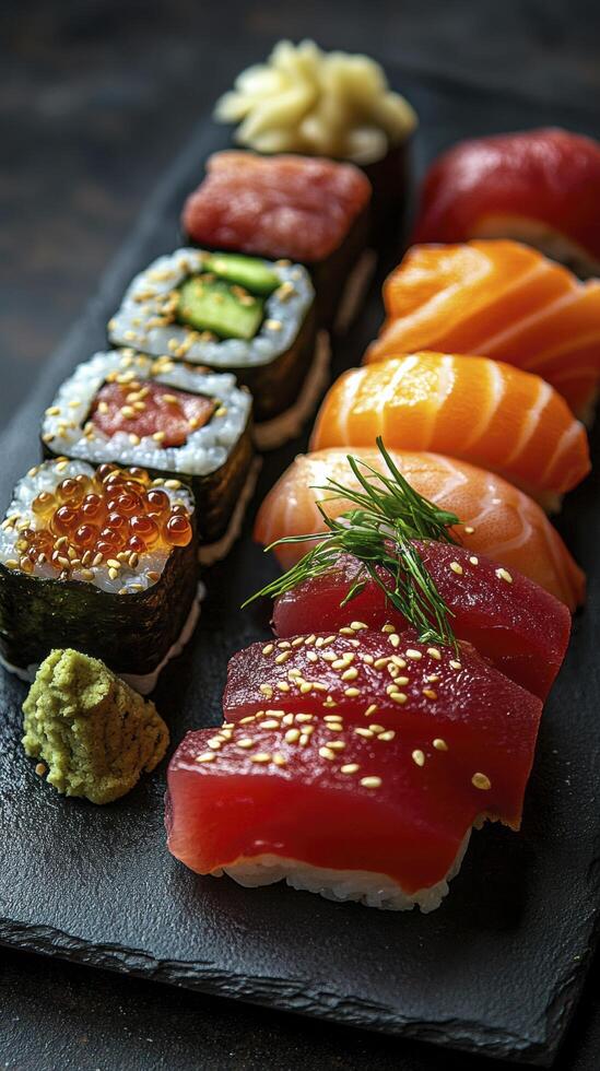 Beautifully arranged assortment of fresh sushi served on black slate photo