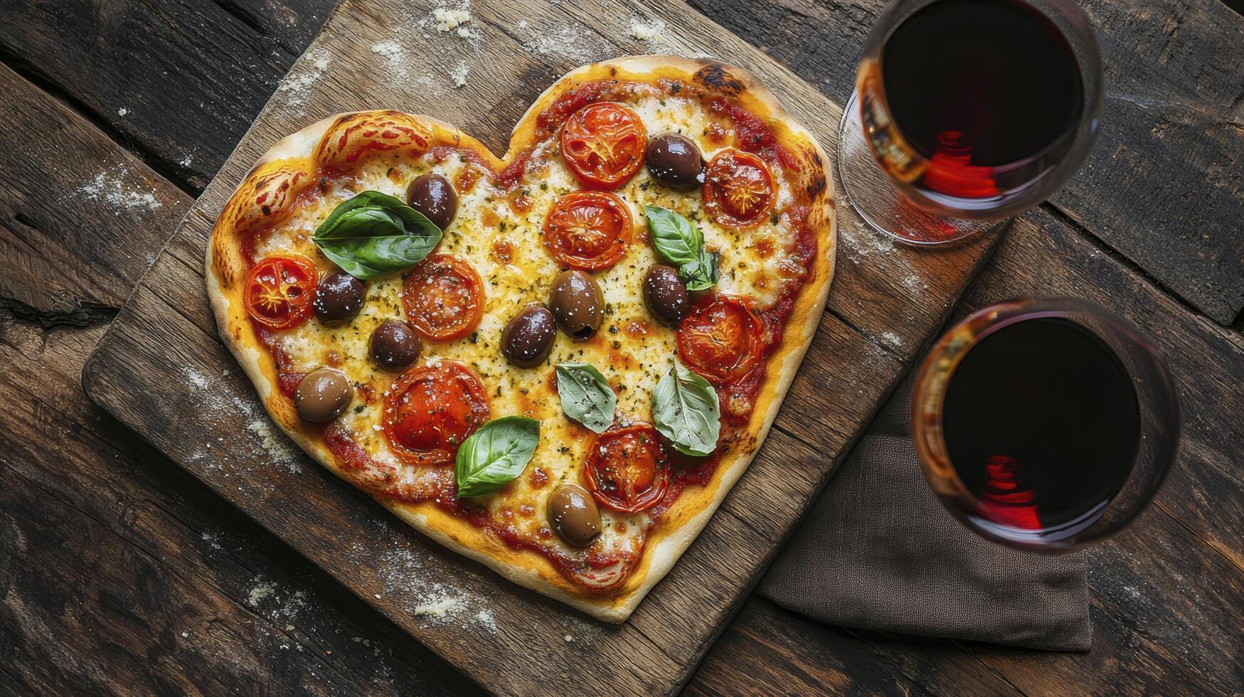 Heart shaped pizza with wine glasses on wooden table photo