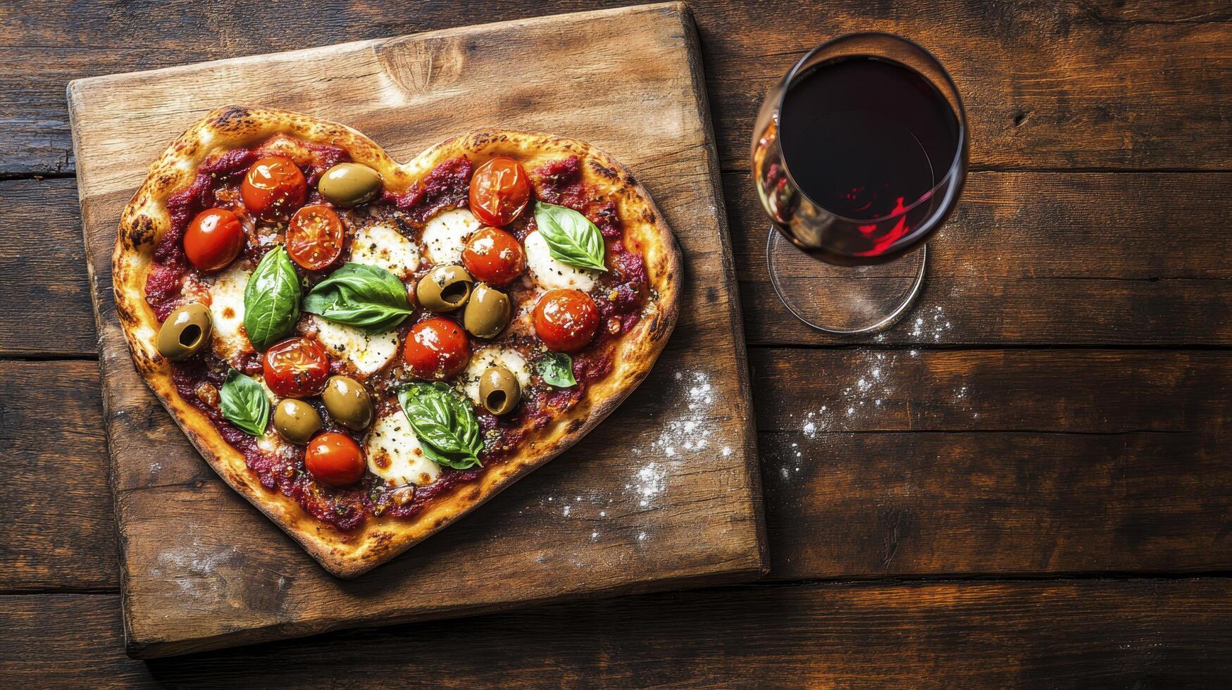 Delicious heart shaped pizza with red wine on wooden table photo