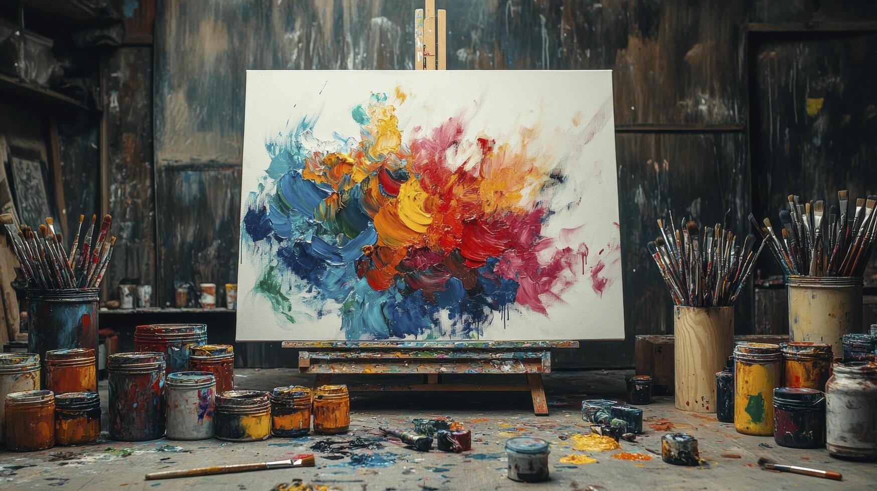 Abstract painting in progress on easel in an artist studio with paint tubes and brushes photo