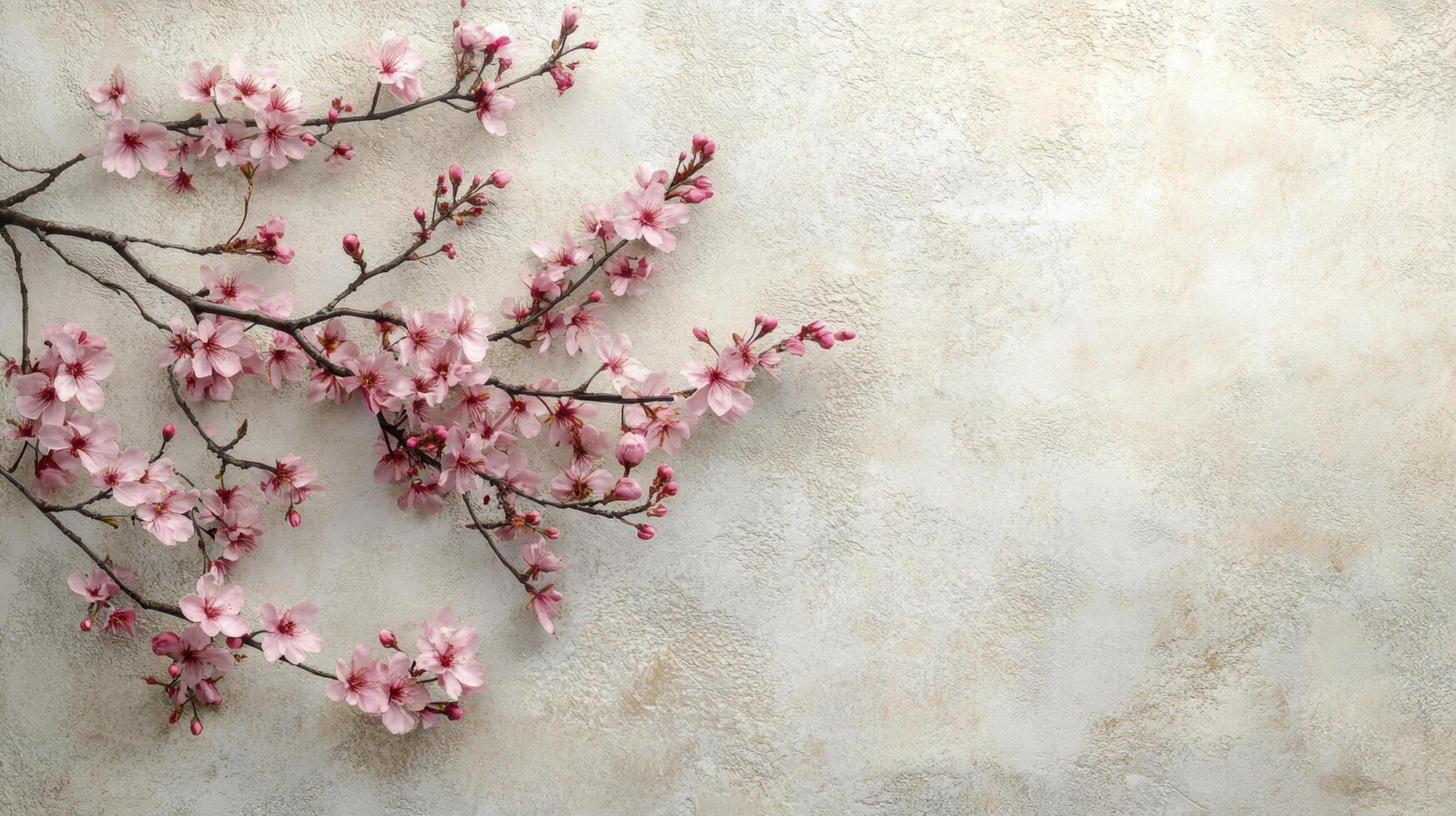 Cherry tree branch lying on textured background with copy space photo