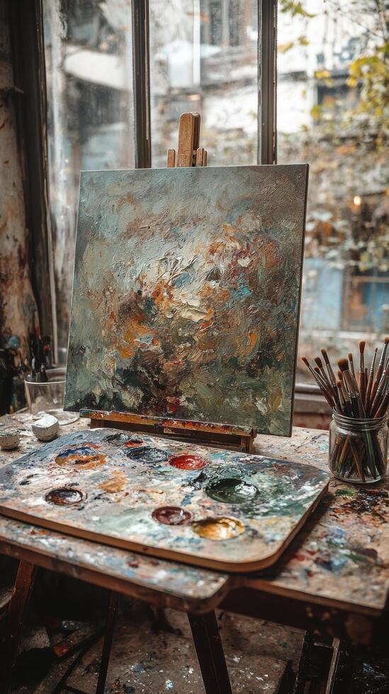 Artist palette covered with mixed paints resting on desk in art studio photo