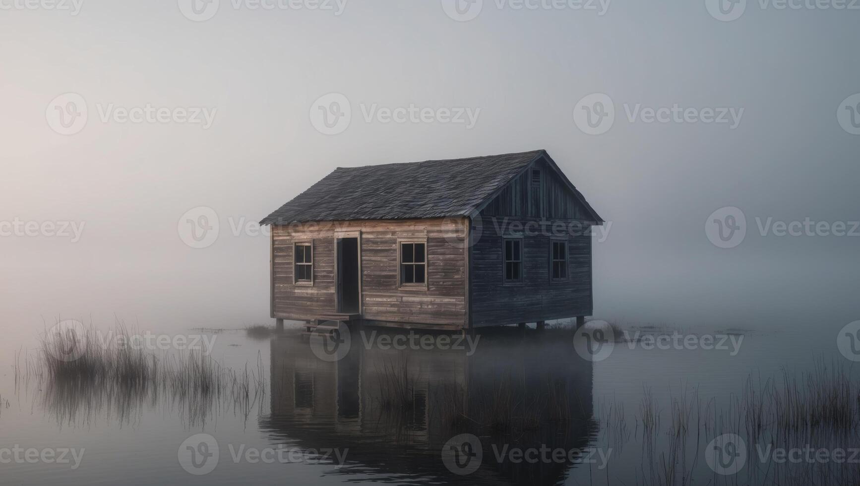 A small house sits on the edge of a lake photo